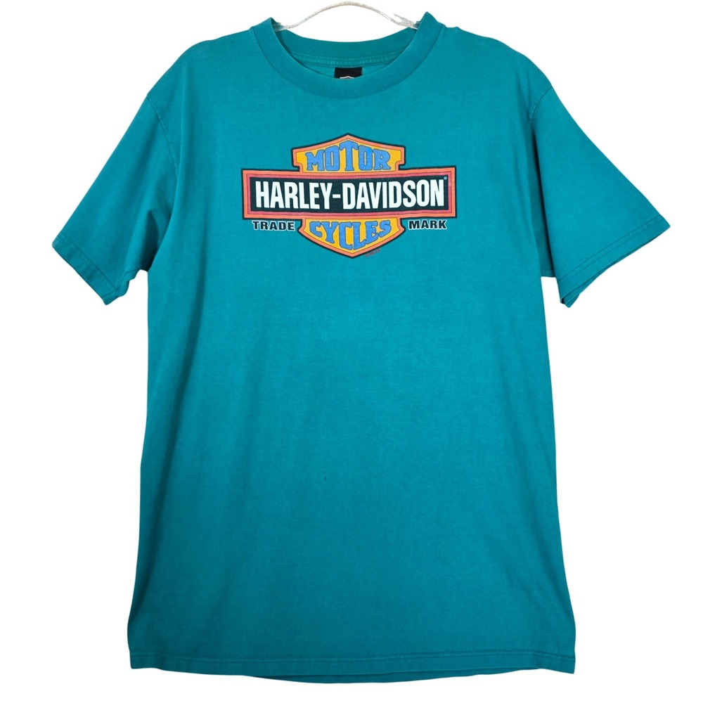 VTG 1999 Harley Davidson Daytona Beach Tee XL Teal Bar Shield Graphic Distressed